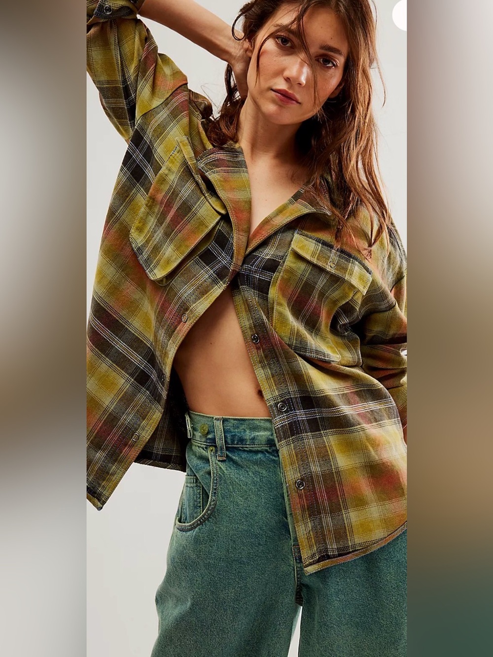 We The Free Izzie Cargo Shirt Plaid Flannel Shacket Grunge Oversized Olive Large - Picture 5 of 11